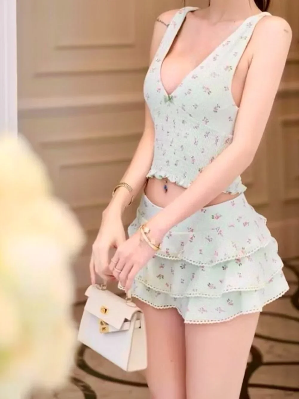 Pastel mint green ditsy floral smocked two-Piece set - Thaobibi (Vietnam Brand)